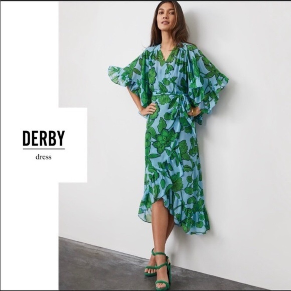 CAbi Derby High Low Dress in Green and Blue